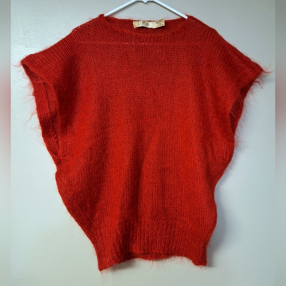 Vintage Cassidy Mohair Blend Cap Sleeve Oversize Crochet Knit Sweater Y2K Red